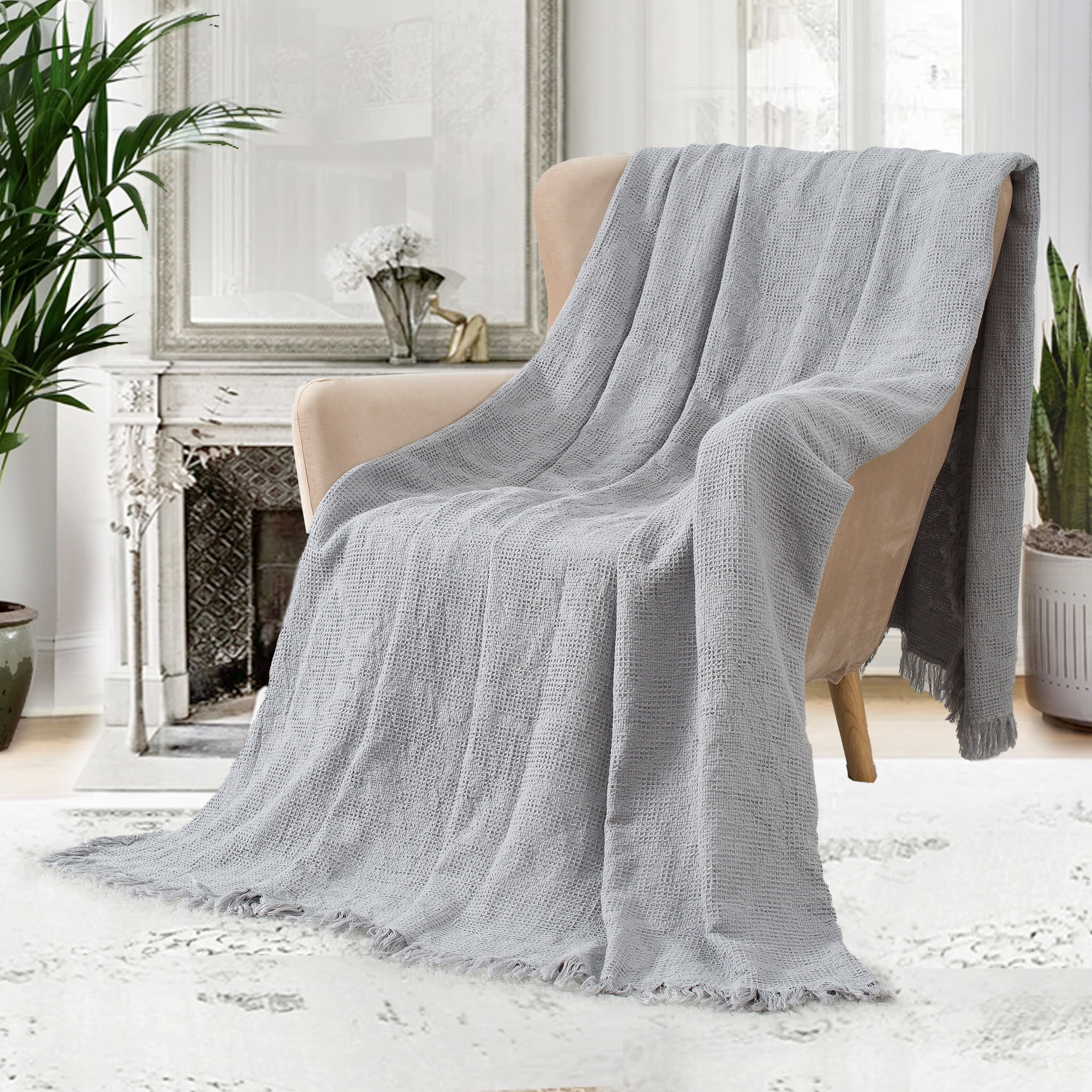 VERAMUSE 100% Cotton Blanket for Bed Grey 90"x90" Queen Size Breathable Thin Blankets for Summer
