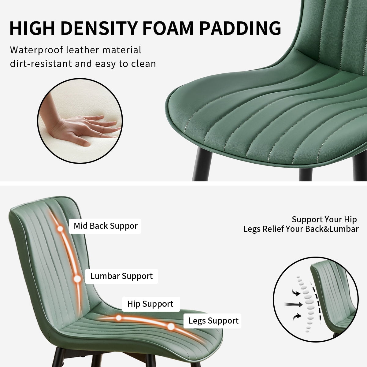 L'AGRATY Modern Dining Chairs Set of 2, High Back PU Leather Upholstered Kitchen Chairs with Cushion - Heavy Duty Metal Legs for Dining Room, Restaurant, Cafe (Green)