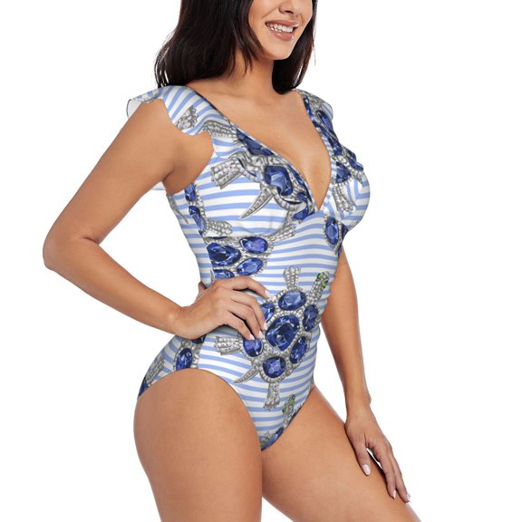 Fotbe Turtle with Blue Stones Women's Tummy Control Swimsuits Slimming One Piece Bathing Suit Ruffle Wrap V Neck Swimwear-