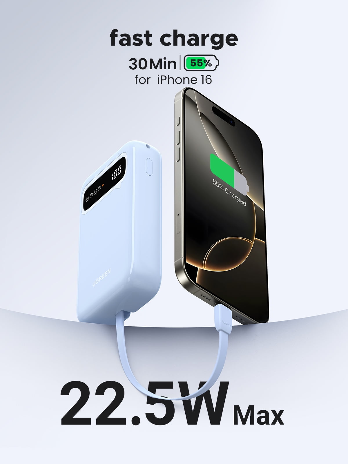 UGREEN Power Bank, 20,000mAh Portable Charger with Dual Built-in Cables, 22.5W Max Output, Smart Digital Display, Battery Pack compatible for iPhone Series,  compatible for iPad, and More