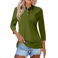 thumbnail image 2 of Womens 3/4 Length Sleeve Polo Shirts Business Casual Collared V Neck Tops Summer Cotton 5 Buttons Polos Tshirts,Army Green L, 2 of 6