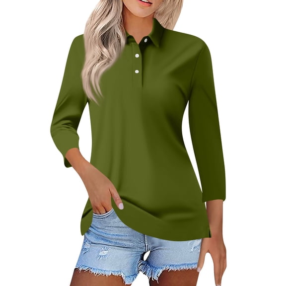 Dweltoz Women's 3/4 Sleeve Polo Shirts Solid Buttons Collared Business Casual Basic Shirts Cotton Blend Loose Work Dressy Tops V-Neck Tunic Blouses,Army Green S