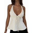 thumbnail image 2 of Women Striped Front Tie Top Y2k Halter Neck Flowy Summer Going Out Tank Top Streetwear Milky White S, 2 of 9