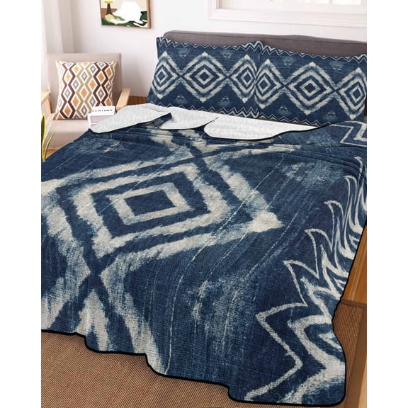 Navy Blue Queen Size Down Alternative Comforter, Lightweight Comforter Quilt Bedding Set with Pillow Shams Vintage Tribal Abstract Geometric Tie Dye Art All Seasons Bed Comforter Duvet Insert 90"x96"