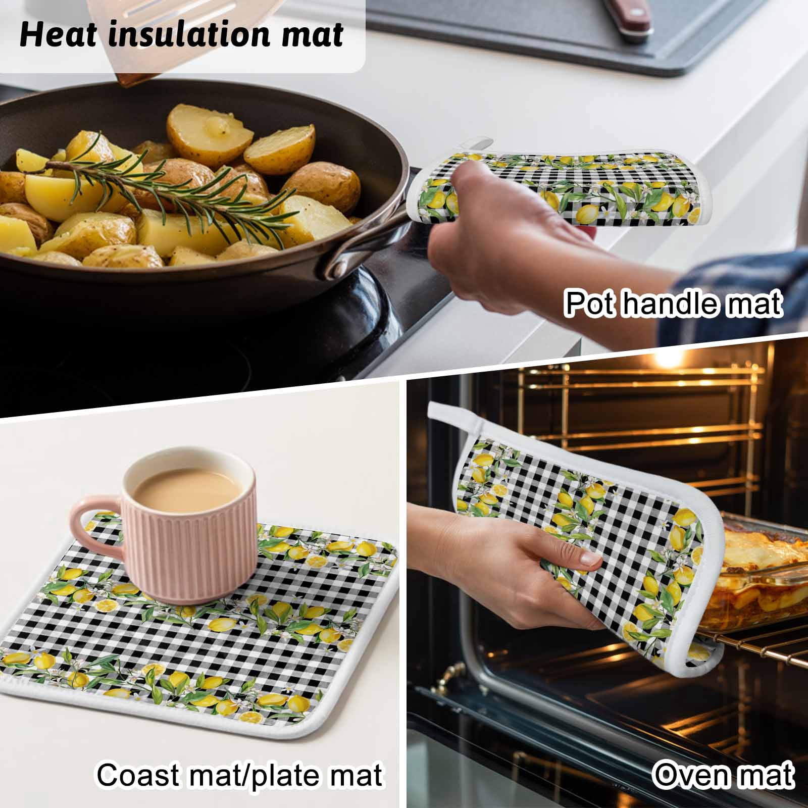 Lemon Pot Holders for Kitchen Heatproof Potholder, 3 Pack Farmhouse Summer Botanical Fruit Black White Plaid Hot Pads Multipurpose Oven Pads Cloth Potholders Trivet for Cooking Baking