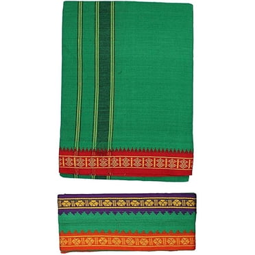Cotton Angavastram Towel Stole - 1.8 Meter Length With Designer Resham Border