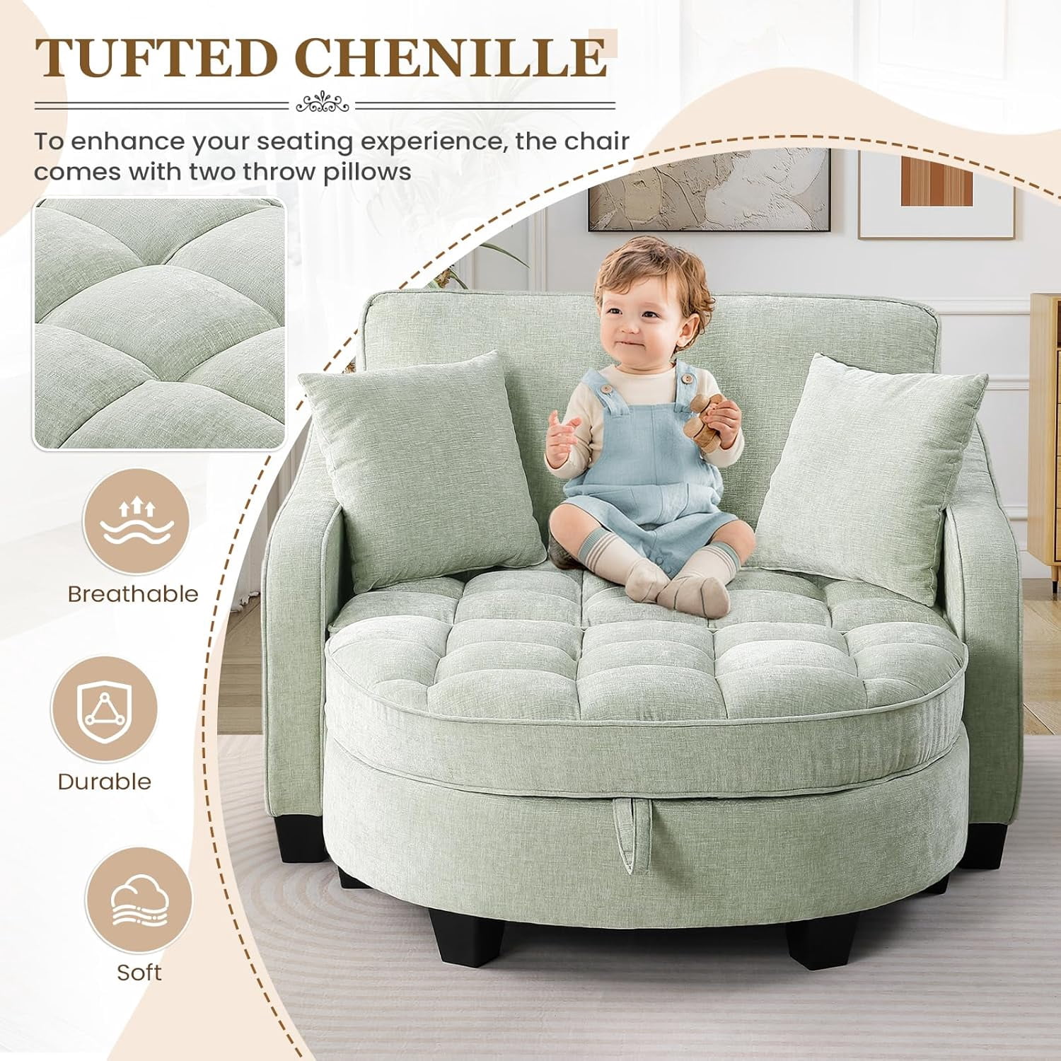 MOONMISS Oversized Chair and A Half, Chenille Tufting Accent Cozy Reading Sofa Chair with Storage Ottoman, Upholstered Loveseat Chaise Lounge Sofa with Adjustable Back for Living Room,Green