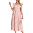 thumbnail image 3 of Jinhomg Summer Beach Dress for Women Lightweight Comfy Ruffle Sleeve Tiered Dresses Loose Fit Casual Solid Square Neck Maxi Sundress Vacation Dress Pink S, 3 of 6