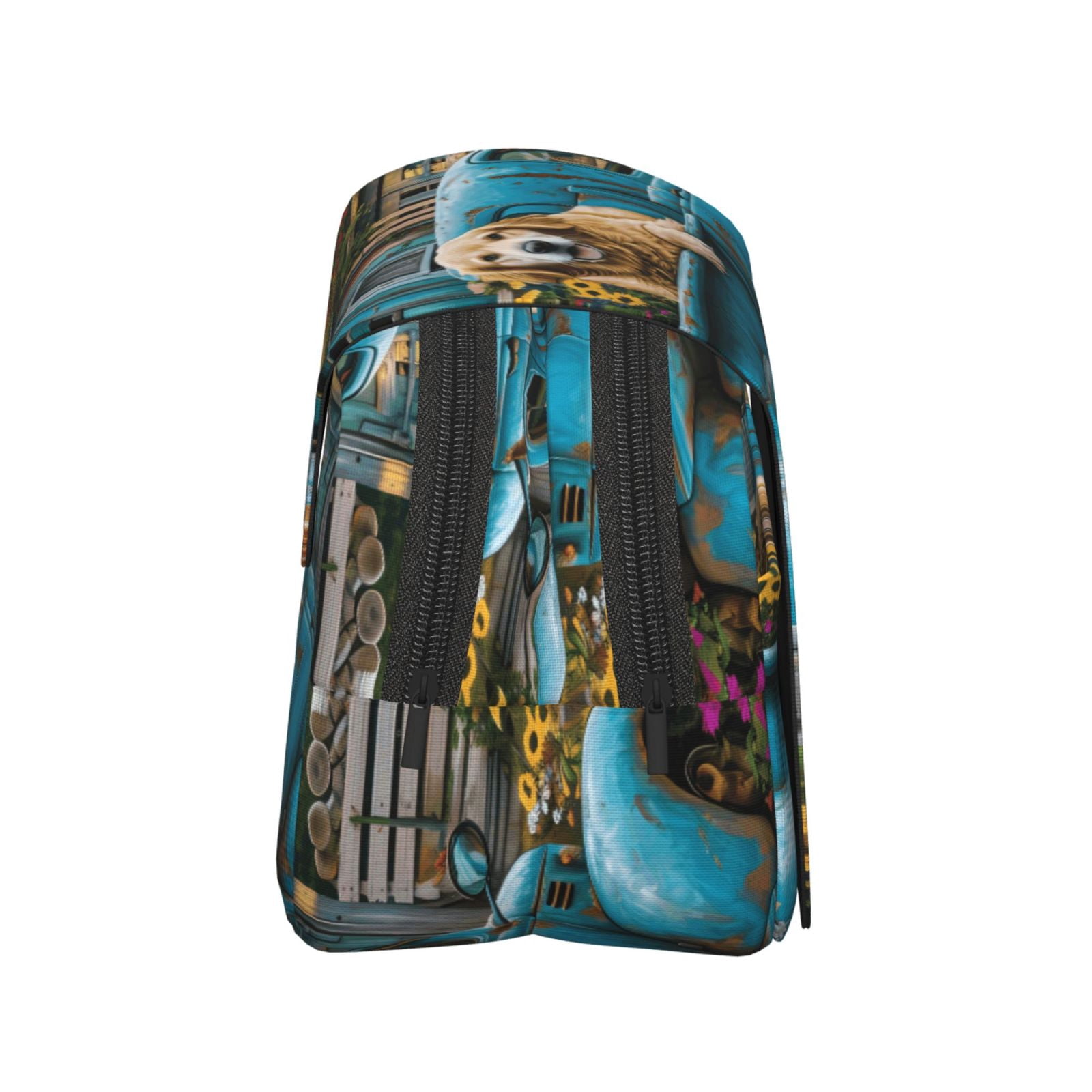 Rateoe Vintage Pickup Sunflower Dog Pattern Double Clamshell Pen Case, Storage Organizer with Two Zipper Compartments– Holds Up to 50 Pencils & Pens