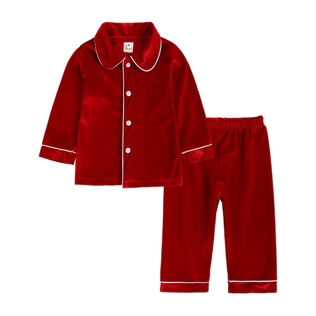 LSLJS Ensemble de Pyjama pour Tout-Petit Fille Garçon, Chemise de Pyjama à Manches Longues Boutonnée Haut+pantalon Bas Tenues de Nuit, Pyjamas pour Bébé ( 2-3 Ans, Rouge )