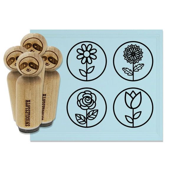 Flower in Circle Tulip Rose Daisy Chrysanthemum Rubber Stamp Set for Scrapbooking Crafting Stamping - Medium 1 Inch