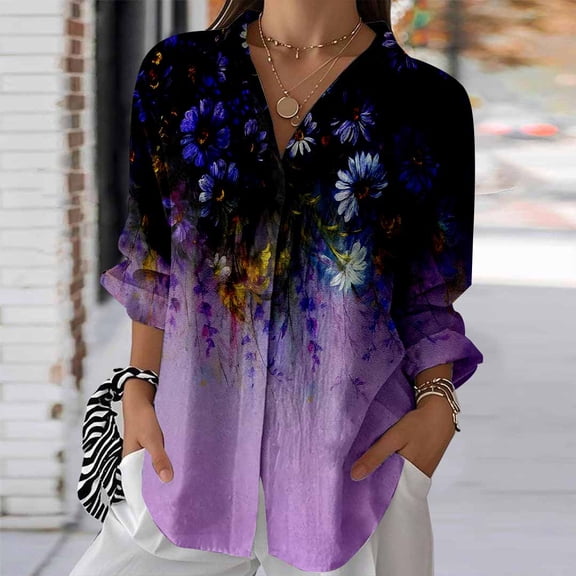 Women's Ombre Floral Long Sleeve Button Down Shirt, Purple