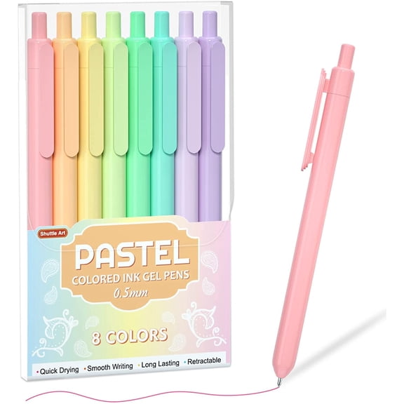 Colored Retractable Gel Pens, Shuttle Art 8 Permanent Pastel Ink Colors, Cute Pens 0.5mm Fine Point Quick Drying for Writing Drawing Journaling Note Taking