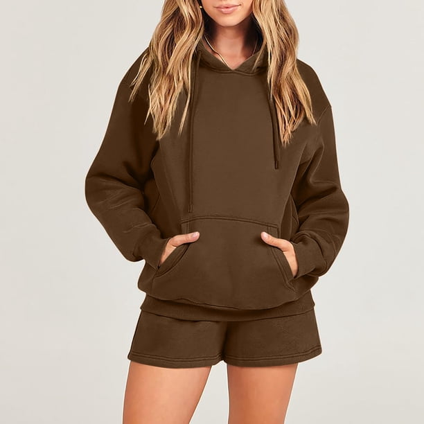 ICHUANYI Clearance Women's Set Tracksuit Pullover TWO Piece SportSets Long Sleeved Hoodies Sports Fashion Shorts Set Long Sleeved Hooded Suit(Brown, L) ICHUANYI WER2023081506183