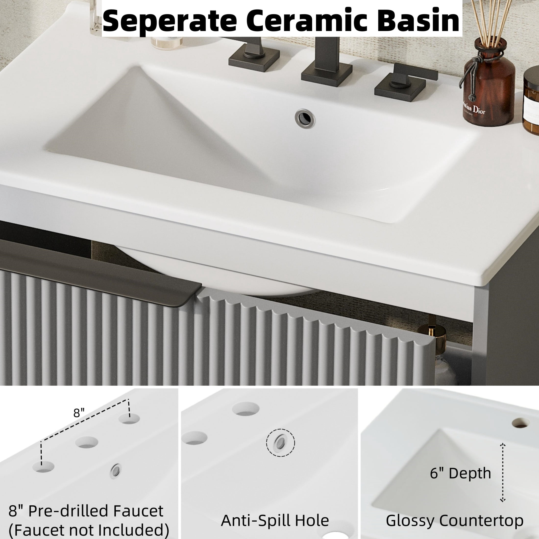 Christopher Knight Home 30" Bathroom Vanity with Sink, Soft-Close Drawers & Fluted Design, Gray
