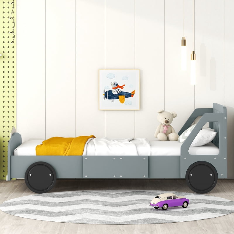 Twin Size Car-Shaped Platform Bed with Wheels,Gray
