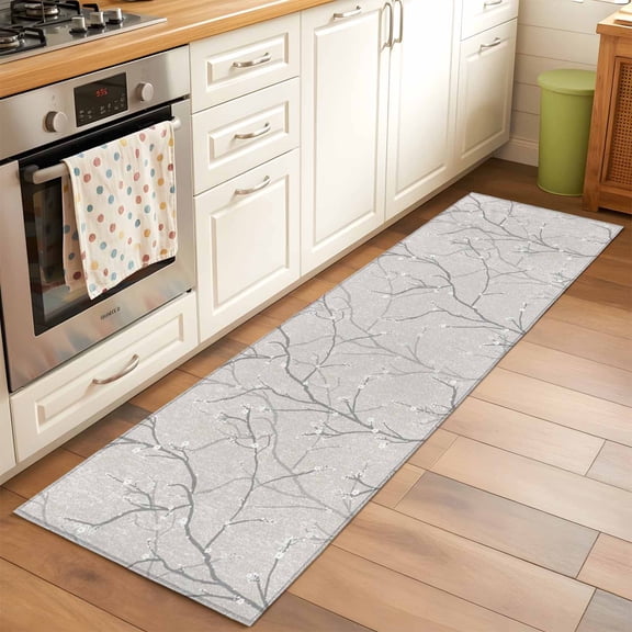 Grey Tree Branch Runner Rugs 2x6 ft Retro Classic Art Grey Tree Branches Flower Washable Hallway Rugs Non-Slip Floor Mats Absorbent Carpet Bedside Runners for Bedroom Kitchen Bathroom Laundry Room