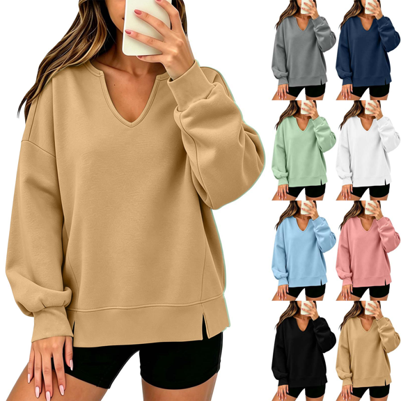 Women's Zip Up Sweatshirts Oversized Pullover Deep V-neck Sports Shirt With Long Sleeves And Side Slit Loose Casual