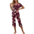 thumbnail image 2 of Women's Casual Homewear Summer Pajama Set Short Sleeve V Neck T-shirt and Capri Pants Sleepwear Lounge Suits, 2 of 6