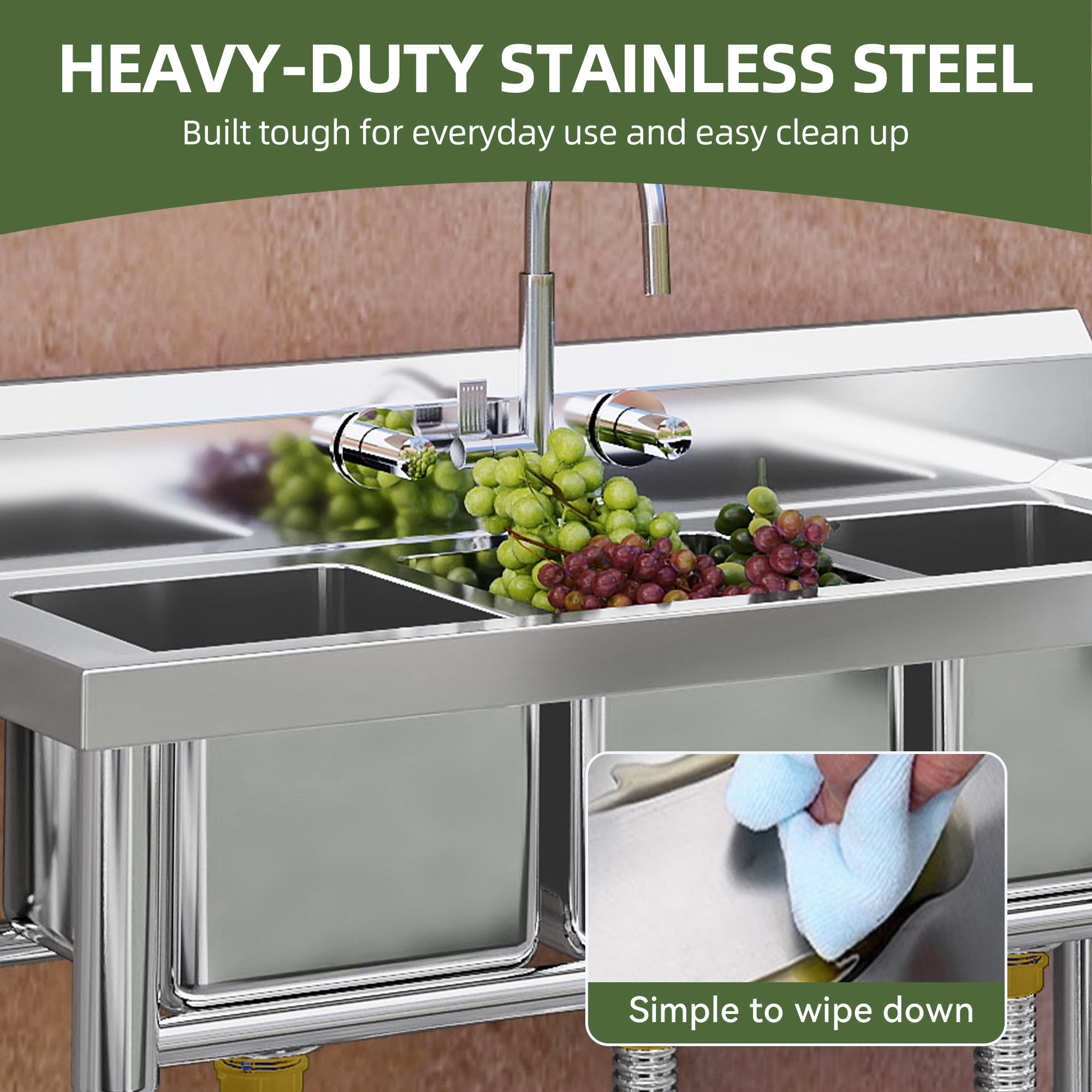 Uforic Stainless Steel Utility Sink, 3 Compartment Commercial Sink for Restaurant, Laundry, Garage, Workshop