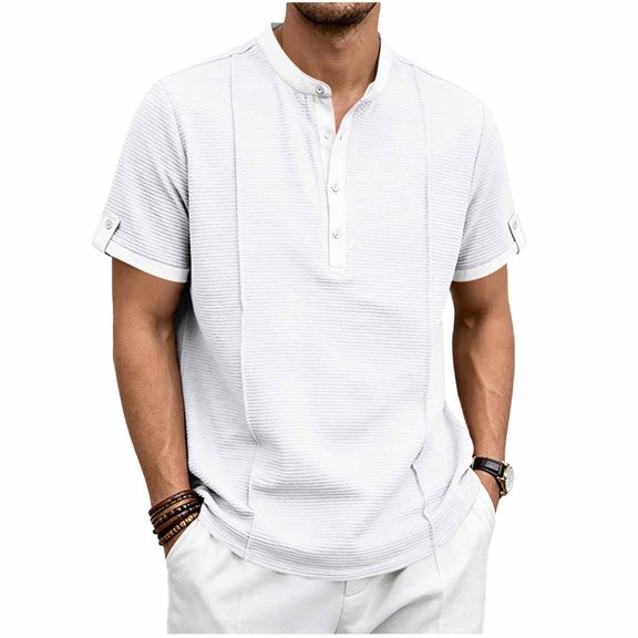 Timoontee Man Solid Color Casual Short Sleeved Half-buttoned Open And Close Vintage Standing Collar Top White M
