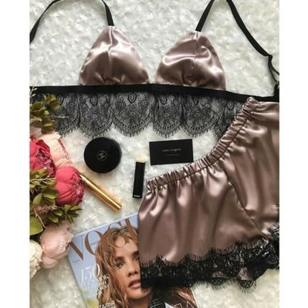 

Puloru Women Pajamas Set Sexy Satin Lace Sleeveless Sleepwear Summer Lingerie