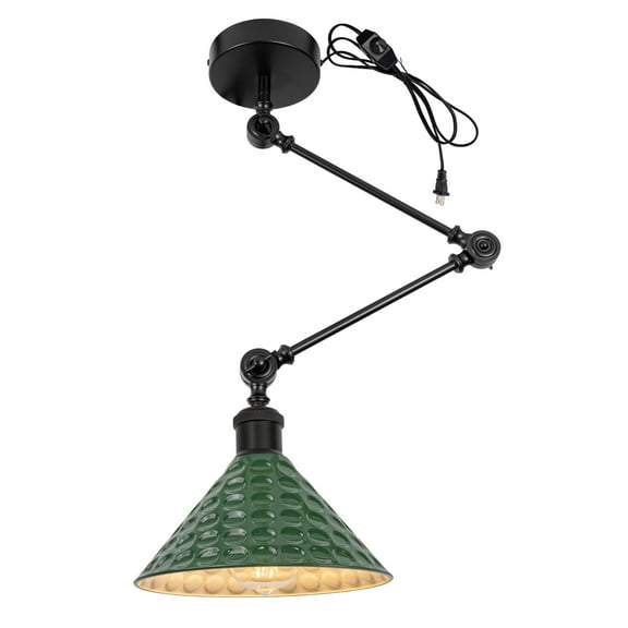 Kiven Pendant Light Fixture Adjustable Height,Green Swing Arm Hanging Lights Retractable Design with 15ft Plug-in Cord, Industrial Ceiling Pendant Light for Kitchen Island Picture Office TB2776