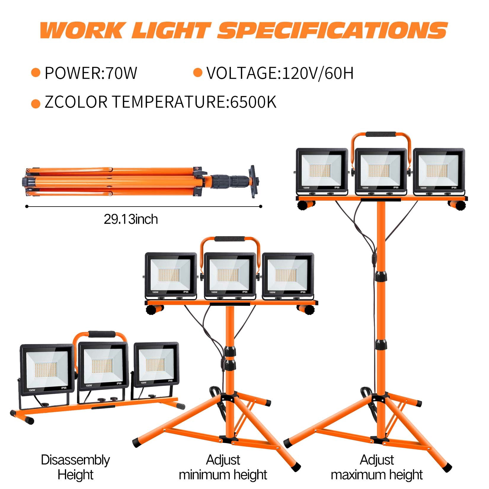 Scilulu 21000 Lumen Work Lights with Stand, 3 Adjustable Head LED Work Light, with Adjustable and Foldable Tripod Stand, Waterproof Lamp with 6500 Kelvin Color Temperature,Oringe