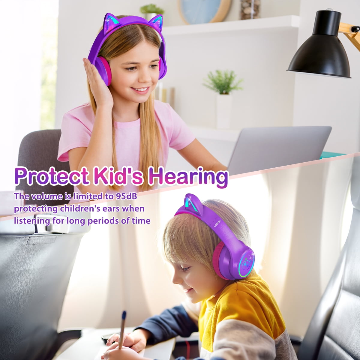 LOBKIN Kids Wireless Headphones, Cat Ear Headphones with LED Lights for Boys/Girls, Childrens Bluetooth Headphones Foldable with Microphone for Phone/Tablet/Laptop (Purple Pink)