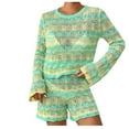 thumbnail image 2 of qolati 2 Piece Pajamas Sets Ribbed Knit Matching Outfits Long Sleeve Cutout Crop Sweater Pullover Tops Shorts Sleepwear Loungewear Sweatsuits, 2 of 6