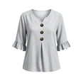 thumbnail image 4 of Hfnxid 3/4 Sleeve T Shirts for Women Loose Fit Striped Ruffle Shirt Button Up V Neck Blouses Dressy Casual Fall Clothes Gray XL, 4 of 6