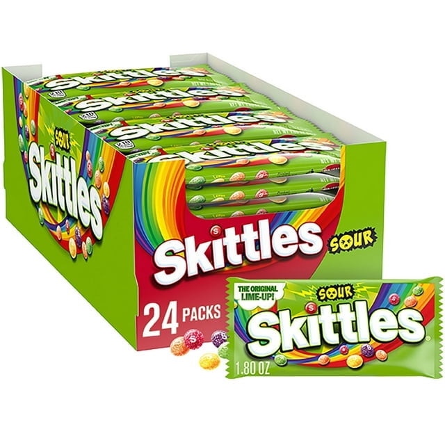 Skittles Sour Fruity Chewy Candy, Full Size, 1.8 oz., 24 pk. With White Bowl By OMA