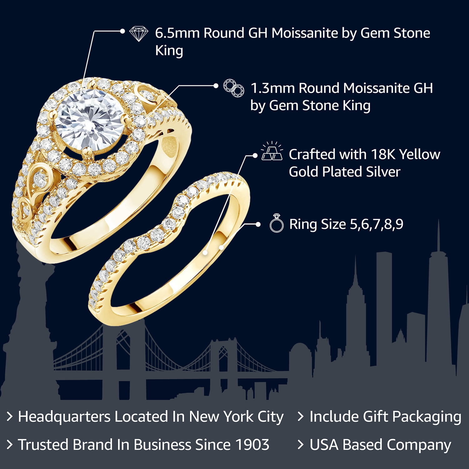 Gem Stone King 18K Yellow Gold Plated Silver Moissanite Wedding Engagement Ring Band Bridal Set for Women | 1.74 Cttw | Center 6.5MM | Wedding Engagement Anniversary Promise Ring for Women | Size 8