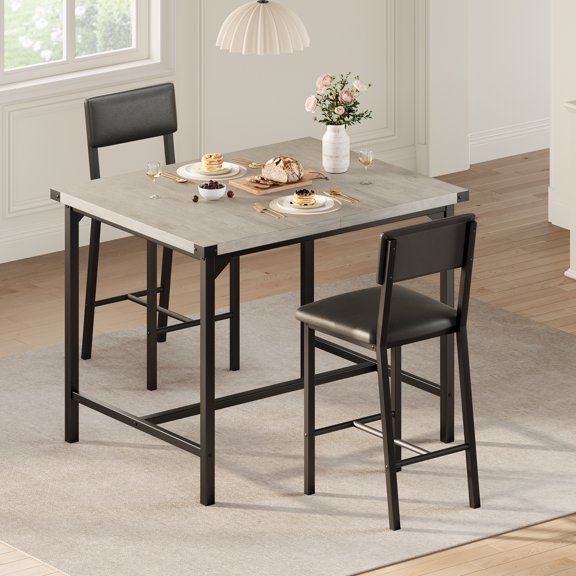 Dining Table Set for 2 with 2 Upholstered Stools (Footrest & Backrest), 3-Piece Counter Height Kitchen Set