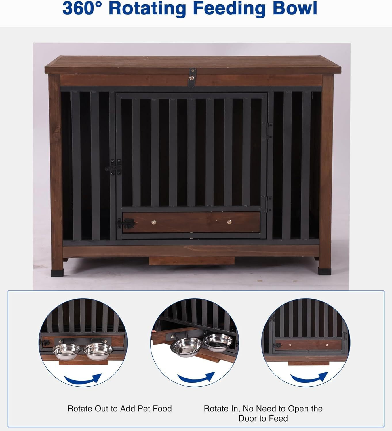 Aivituvin Dog Crate Furniture, Foldable Wooden Dog Kennel Furniture with 360° Rotating Feeding Bowls, Iron Frame Dog Crate with Deepened Sliding Tray , 39.4" L Brown