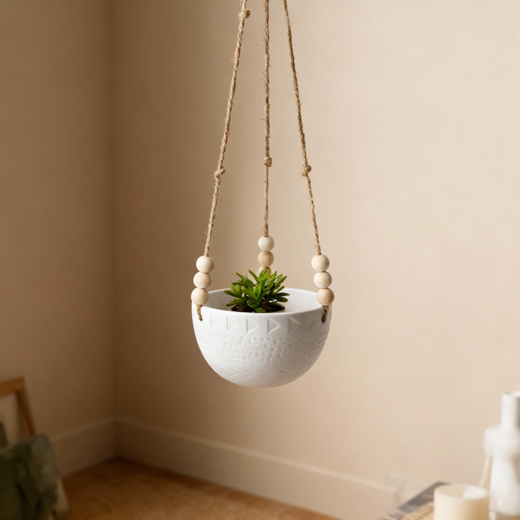 Flora Bunda Hanging Planter with Beads for Succulent 5.4" Caveman Ceramic Hanging Planter