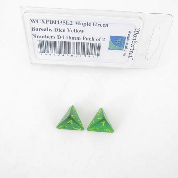 Maple Green Borealis Dice with Yellow Numbers D4 Aprox 16mm (5/8in) Pack of 2 Wondertrail
