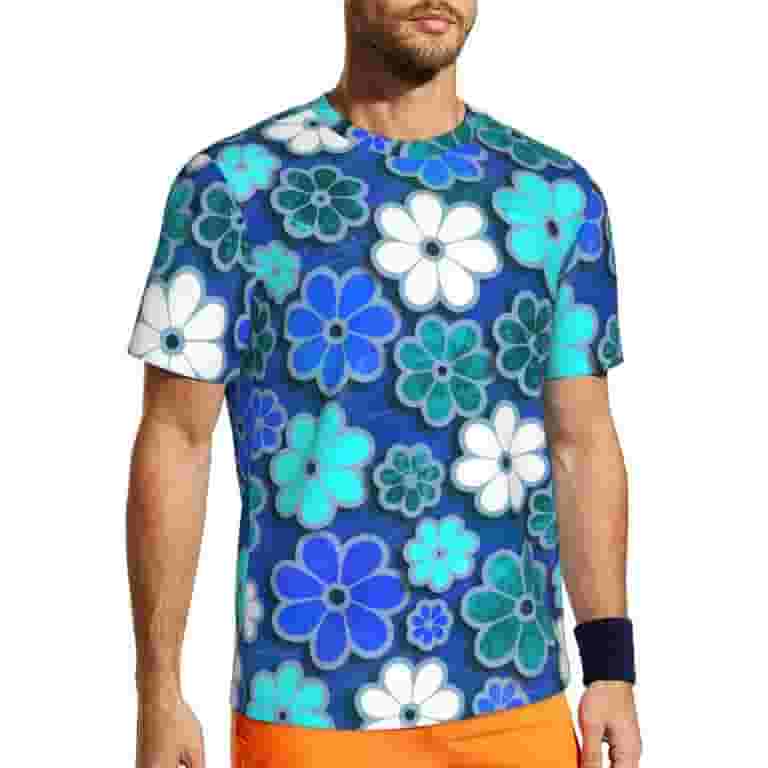 ●Sienne● Flower Tshirt Blue S4UTS09C T Shirt For Men Sportswear Hippie Flower Power T-Shirts