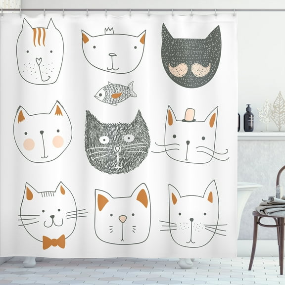 Ambesonne Cat Shower Curtain, Animals Humor Faces Pattern Art, 69"Wx75"L, Amber Dimgray