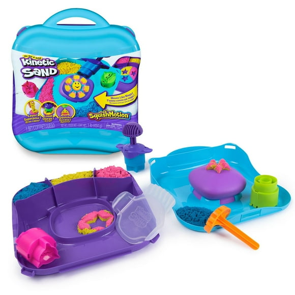 Kinetic Sand, SquishMotion Playset with 1lb Pink, Yellow, Blue Play Sand, Stamper & 5 Tools, Reusable Storage Case, Sensory Toys for Kids Ages 5+, SquishMotion Playset