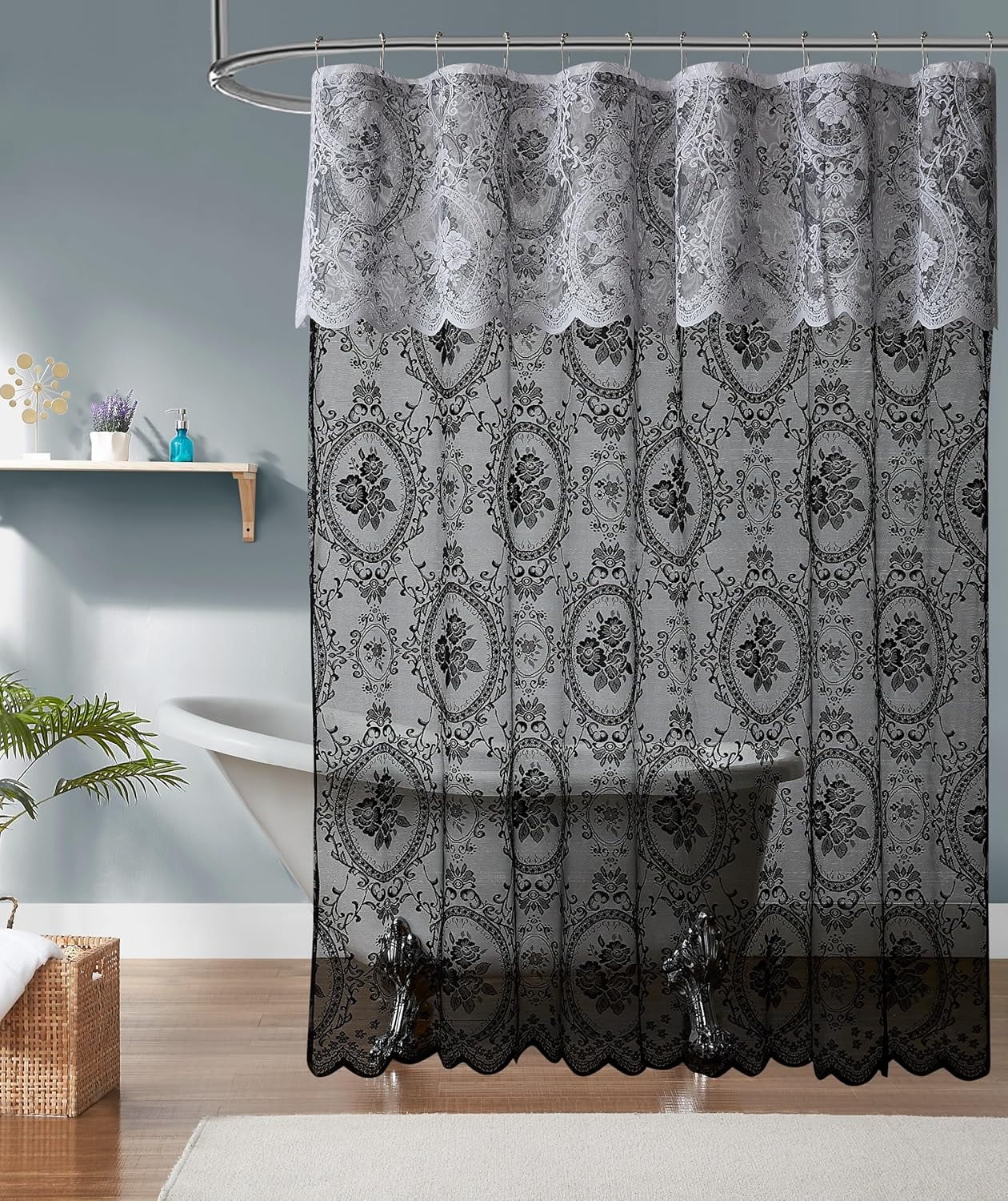 72 Inch Gothic Vintage Black Shower Curtain with White Valance. SH Black-White 72