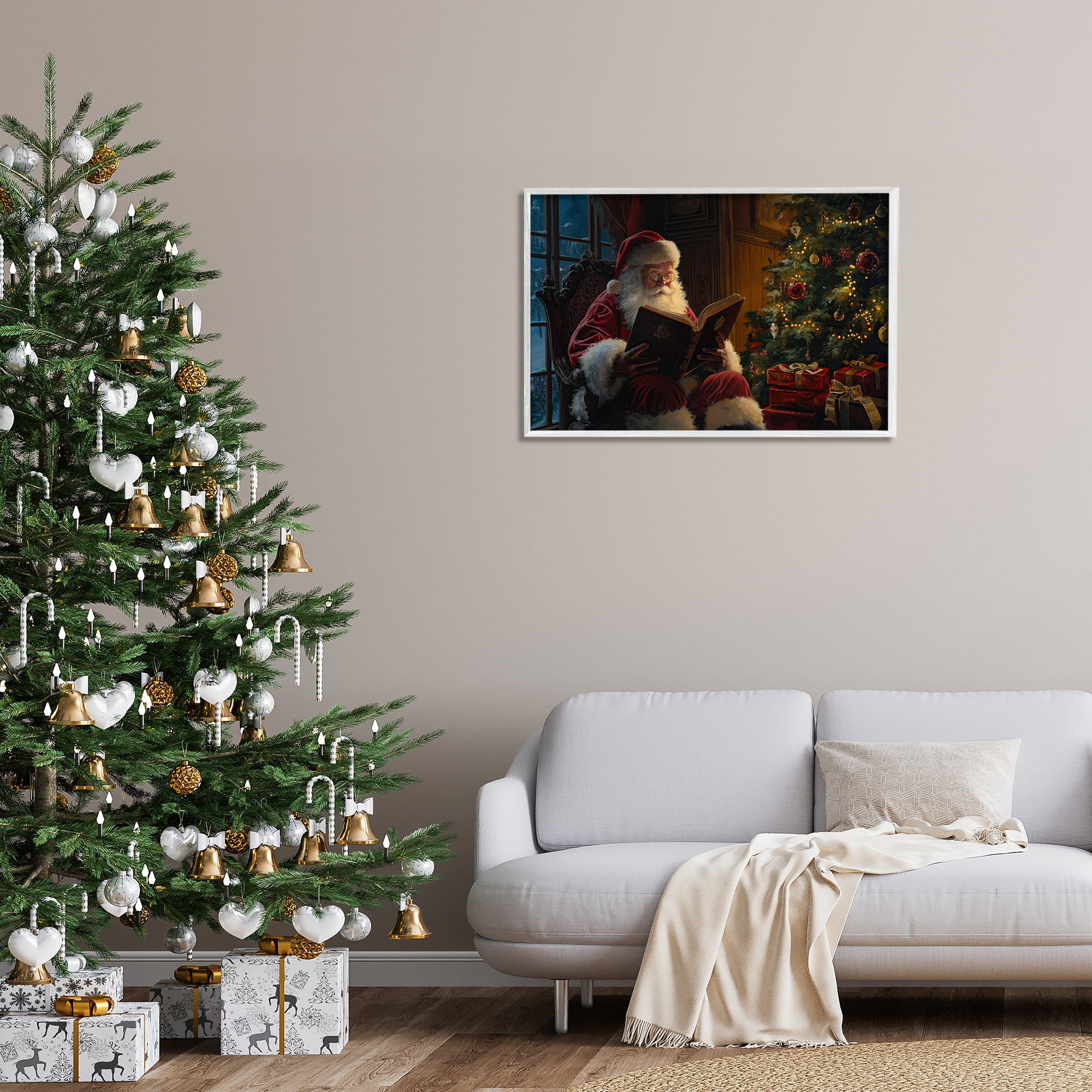 Stupell Industries Santa Reading by Tree Holiday Painting White Framed Art Prints Wall Art, 30 x 20