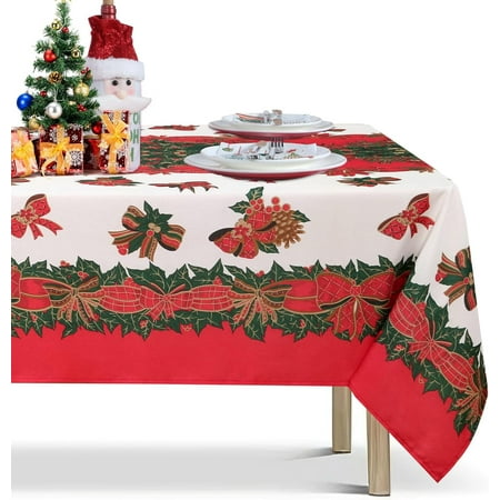 

LUSHVIDA Christmas Tablecloth Rectangle - 60x84 inch Holly Ribbon Pattern Washable Wrinkle Resistant Holiday Tablecloths for Christmas Family Gathering Dining Room Table 130GSM