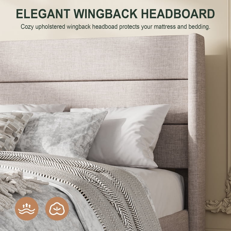 Amolife Queen Lift Storage Bed, Wingback Headboard, Beige photo 7
