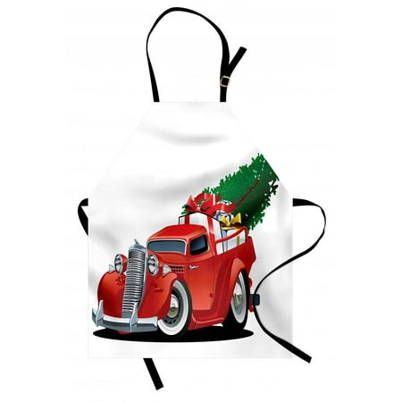 - Christmas Apron Vintage American Truck with Large Xmas Tree and Gift Boxes Pickup Retro Vehicle, Unisex Kitchen Bib Apron with Adjustable Neck for Cooking Baking Gardening, Green White, by Ambesonne