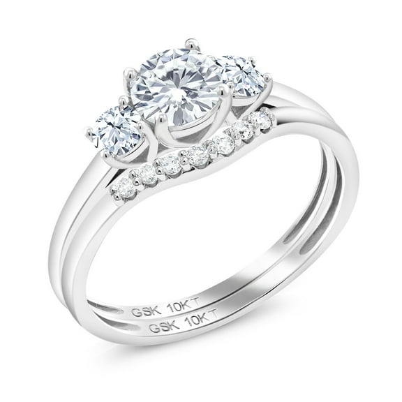 Gem Stone King 10K White Gold Moissanite and White Created Sapphire and Lab Grown Diamond 3-Stone Bridal Engagement Wedding Ring Set for Women | 0.83 Cttw | Size 8