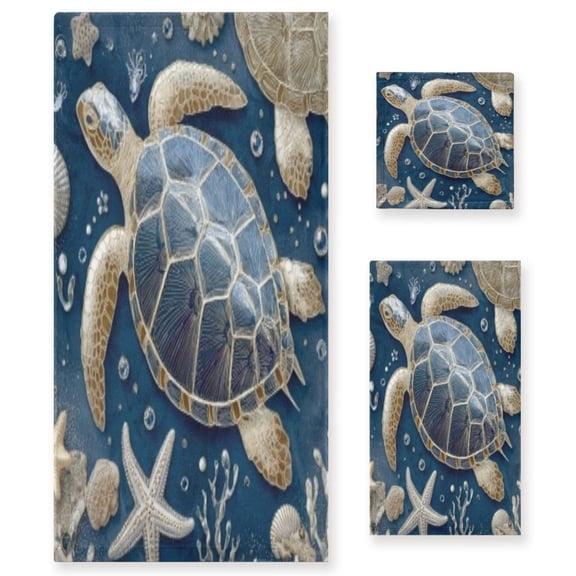 BZSMCE 3piece Bath Towel Sets Hand Bath Towels Fashion Navy Beaded Sea Turtle Printed Towel Sets