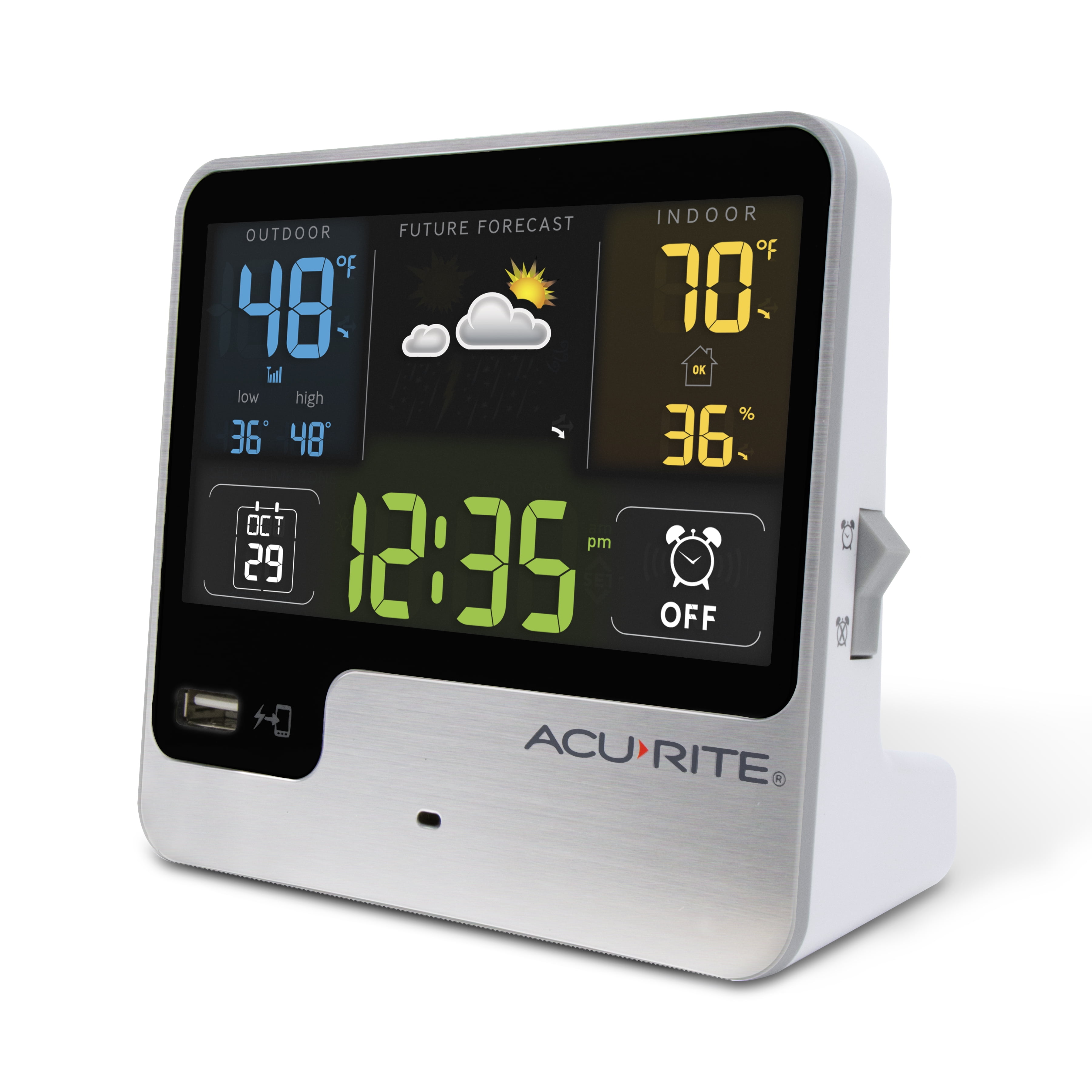 AcuRite Intelli-Time® Alarm Clock Weather Station with Indoor and Outdoor Temperature, Indoor Humidity, Hyperlocal Forecast, Calendar, and USB Charging Port (01129M)