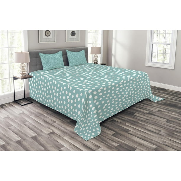 Turquoise Bedspread Set King Size Retro Vintage 60s 50s Inspired Geometric Polka Dots Romantic Art Print Quilted 3 Piece Decor Coverlet With 2 Pillow Shams White And Pale Blue By Ambesonne Turquoise Bedspread Set King Size, Vintage King Bedspread