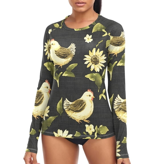 joogoo Womens UPF 50 Sun Shirts Chicken and Flower Long Sleeve UV Protection Rash Guard Tops S